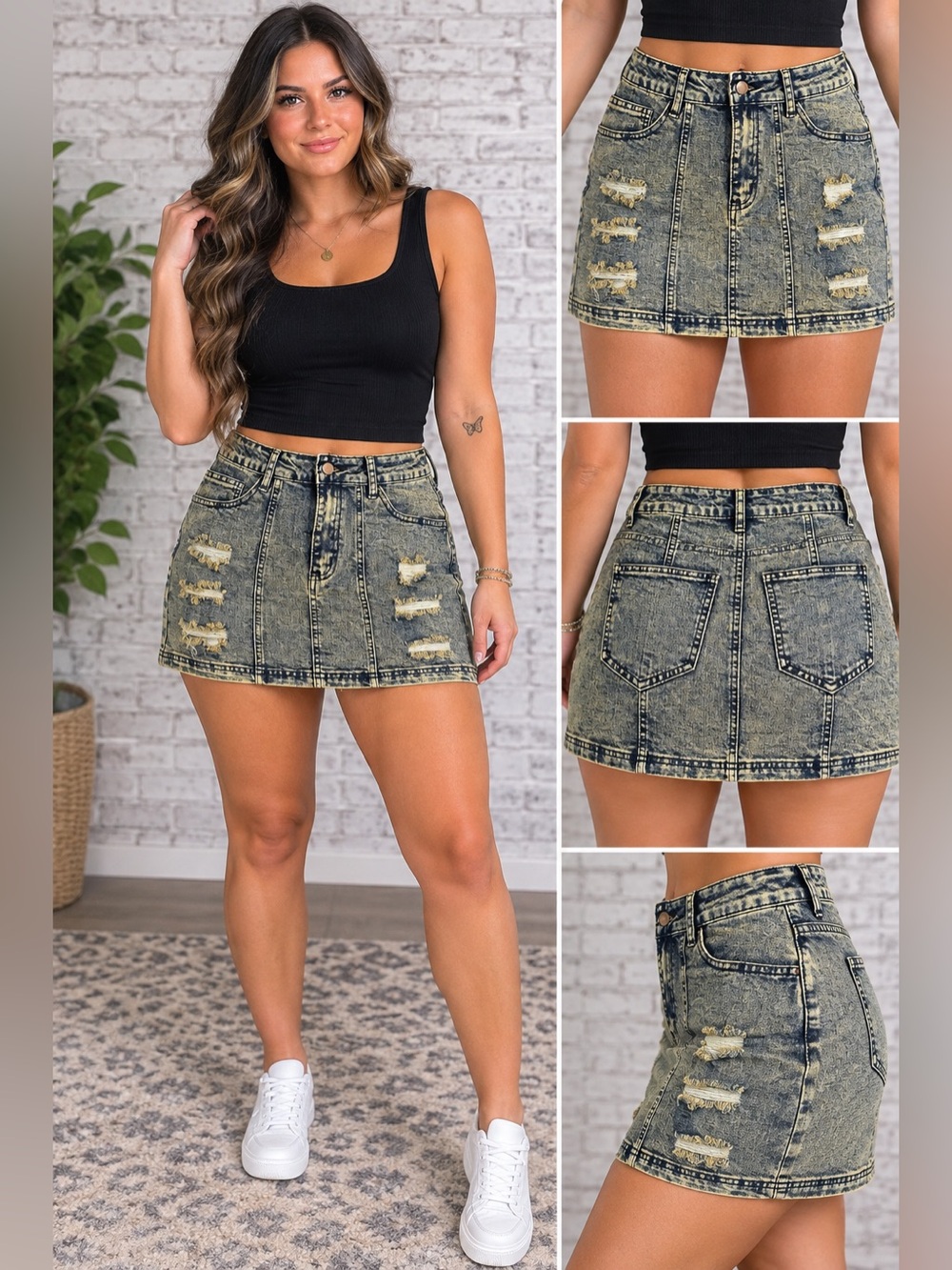 American Bazi Denim Mini Skirt M Acid Wash Distressed Ripped Y2K Grunge